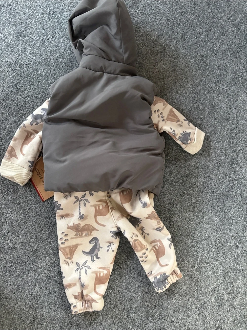 NEW! Little Stitch - Dino Print Three-Piece Outfit - Taupe & Cream - 3 months